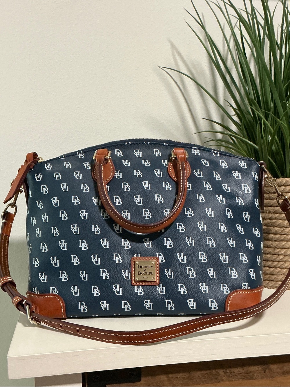 Dooney & Bourke Navy Monogram Satchel with Brown Leather Trim
